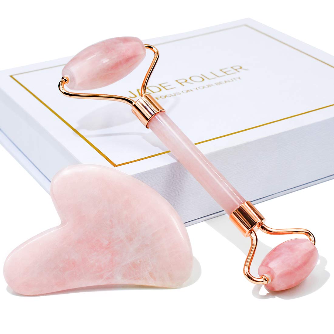 Jade Roller Rose Quartz Massager Gua Sha for Skin Firming and Stress Relief