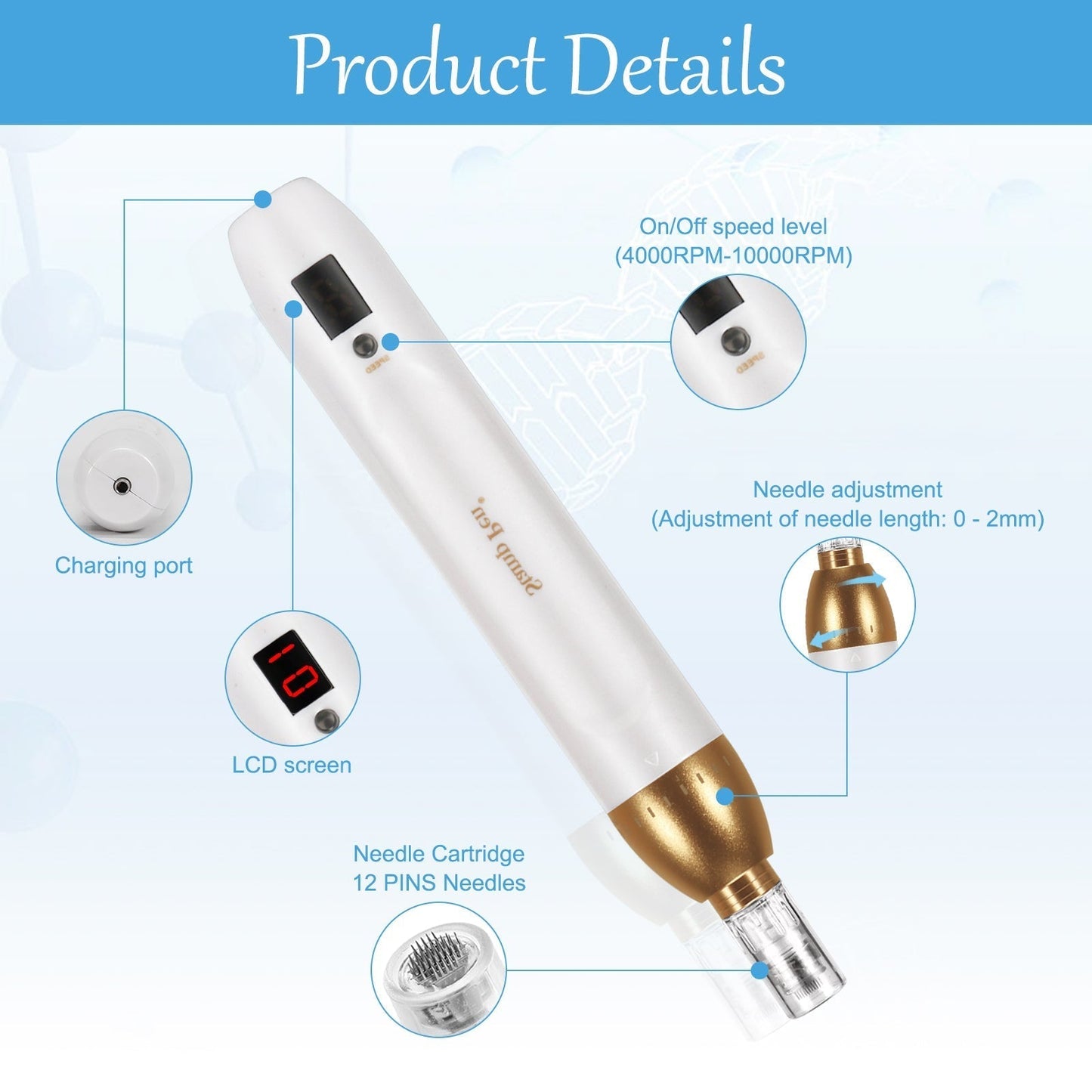 Mircroneedling Pen Electric Dermapen with Replacement Cartridges for Wrinkles Remove Skin Care